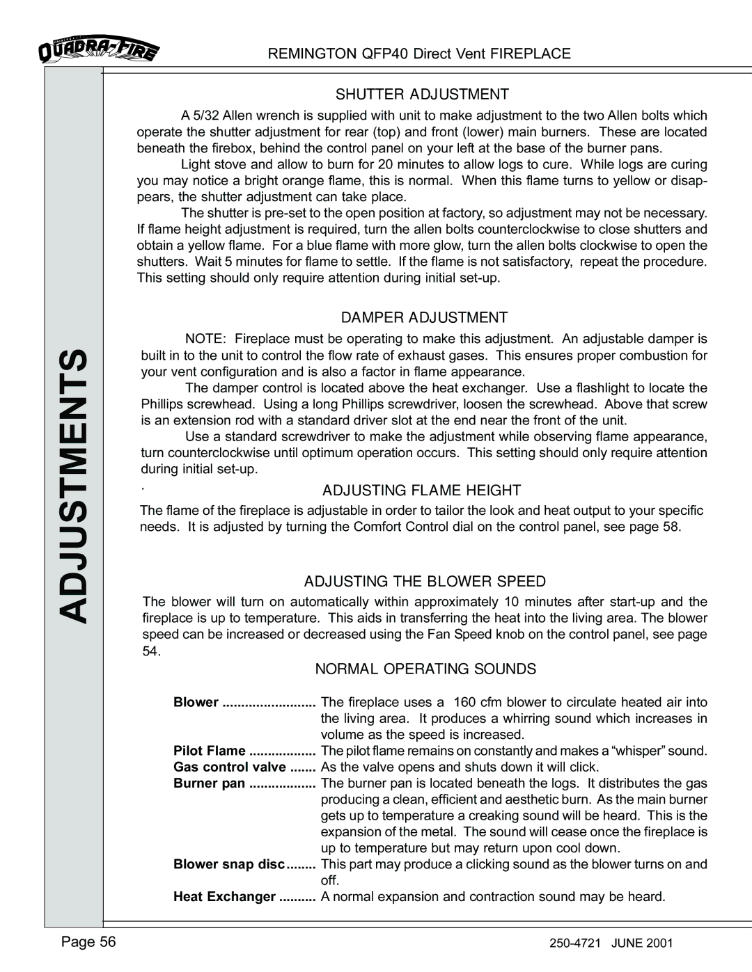 Remington QFP40 Adjustments, Shutter Adjustment, Damper Adjustment, Adjusting the Blower Speed, Normal Operating Sounds 