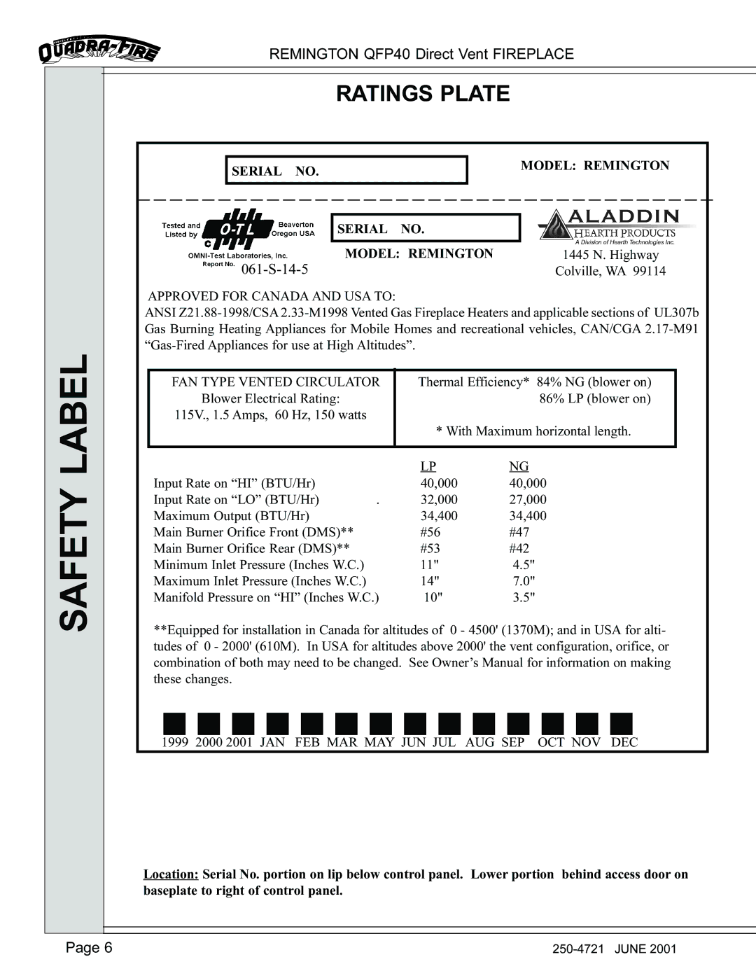 Remington QFP40 manual Safety Label, Ratings Plate 