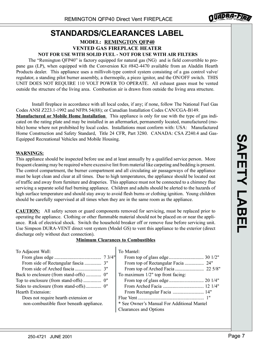 Remington manual STANDARDS/CLEARANCES Label, Model Remington QFP40 Vented GAS Fireplace Heater 