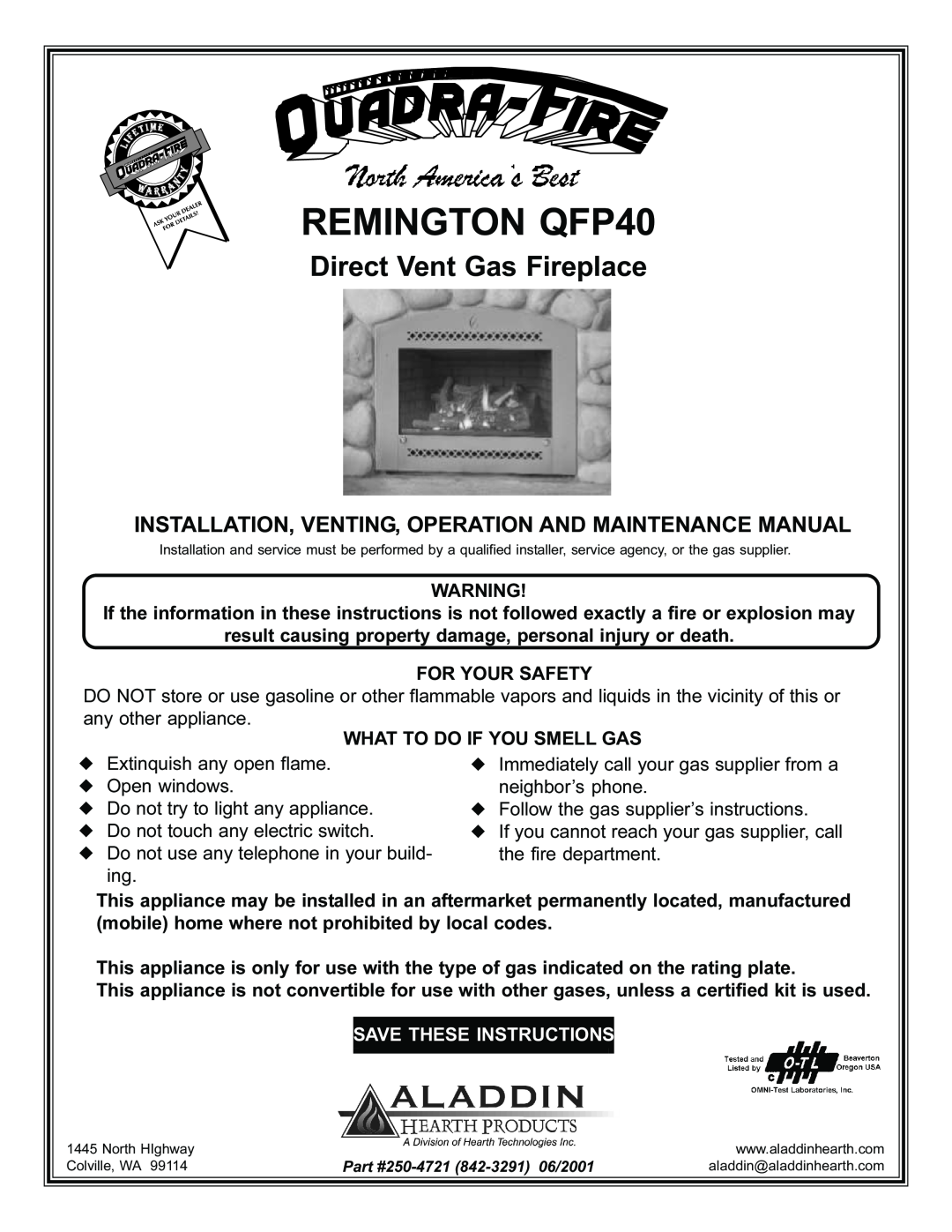 Remington manual REMINGTON QFP40, Direct Vent Gas Fireplace, Save These Instructions 