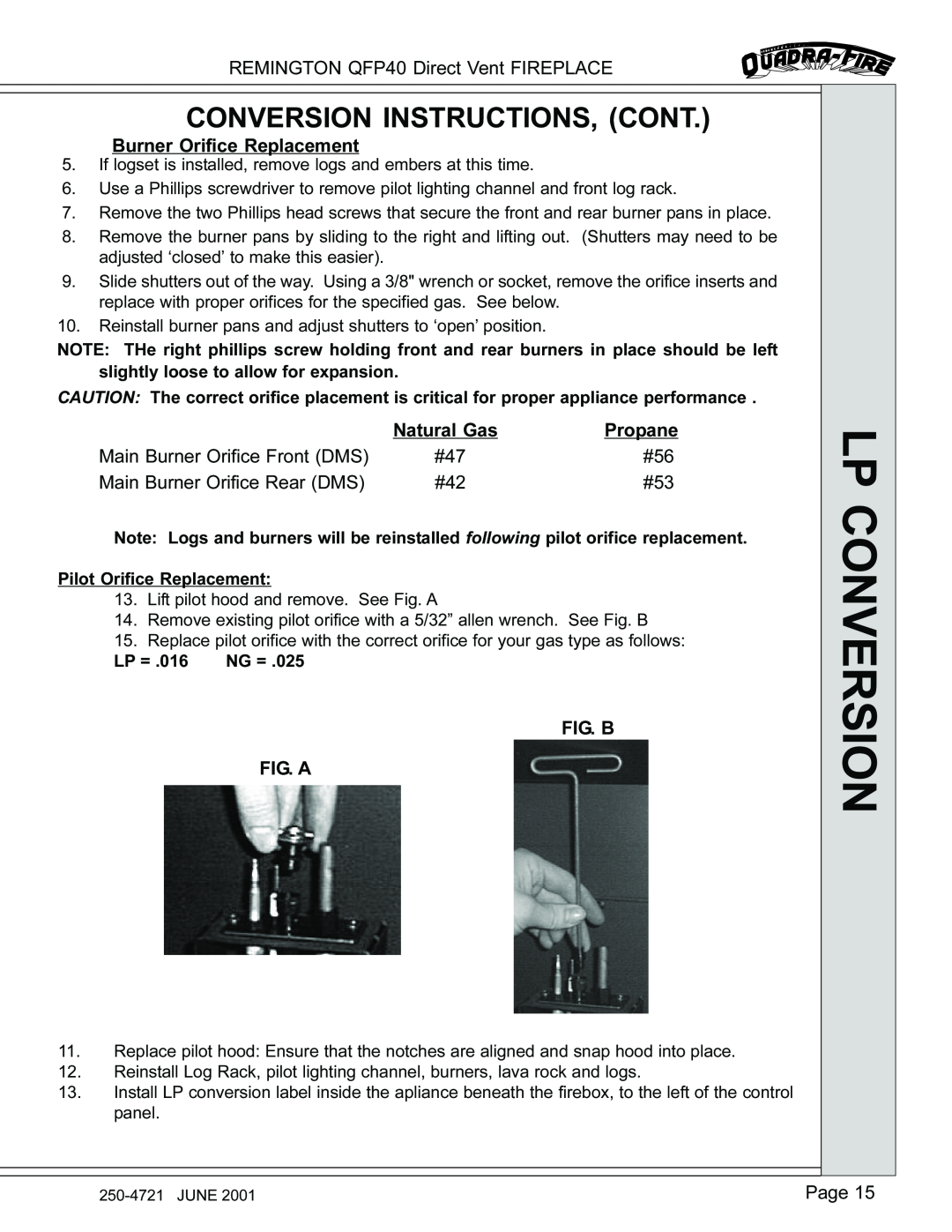 Remington QFP40 manual Conversion Instructions, Cont, Lp Conversion 