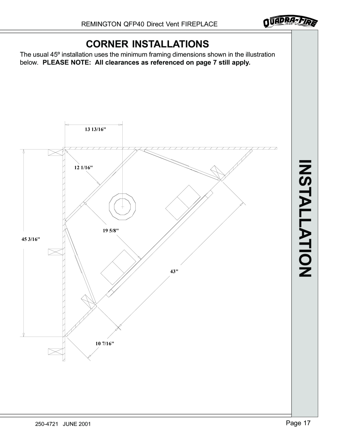 Remington manual Corner Installations, REMINGTON QFP40 Direct Vent FIREPLACE, Page 