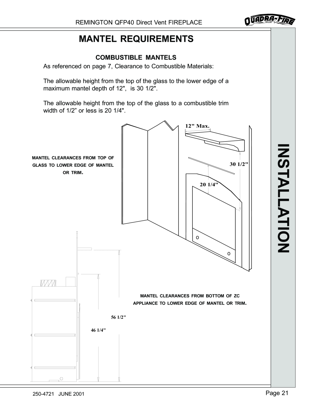 Remington QFP40 manual Mantel Requirements, Combustible Mantels, Installation 