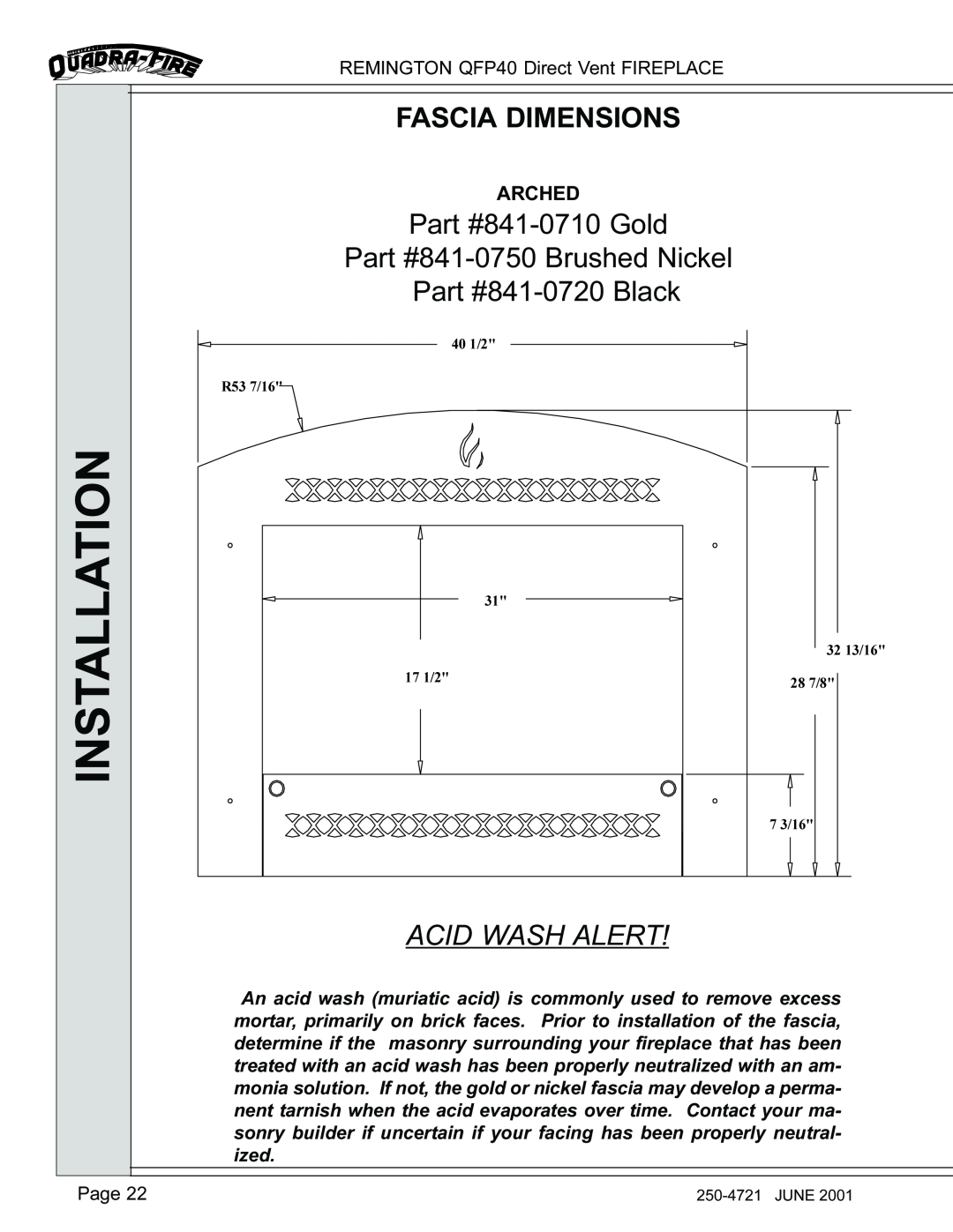 Remington QFP40 manual Fascia Dimensions, 841-0710Gold 841-0750Brushed Nickel, 841-0720Black, Acid Wash Alert, Arched 