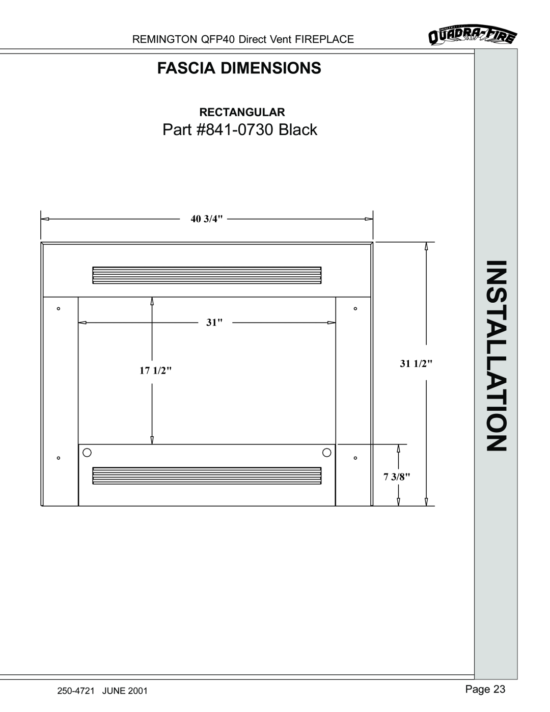 Remington QFP40 manual 841-0730Black, Installation, Rectangular, Fascia Dimensions 