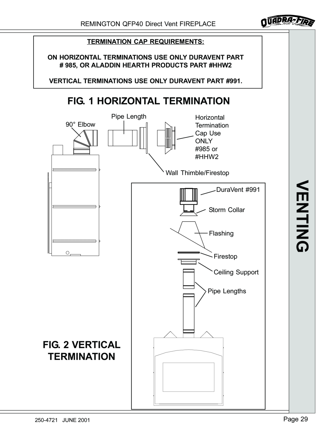 Remington QFP40 manual Horizontal Termination, Vertical Termination, Venting 