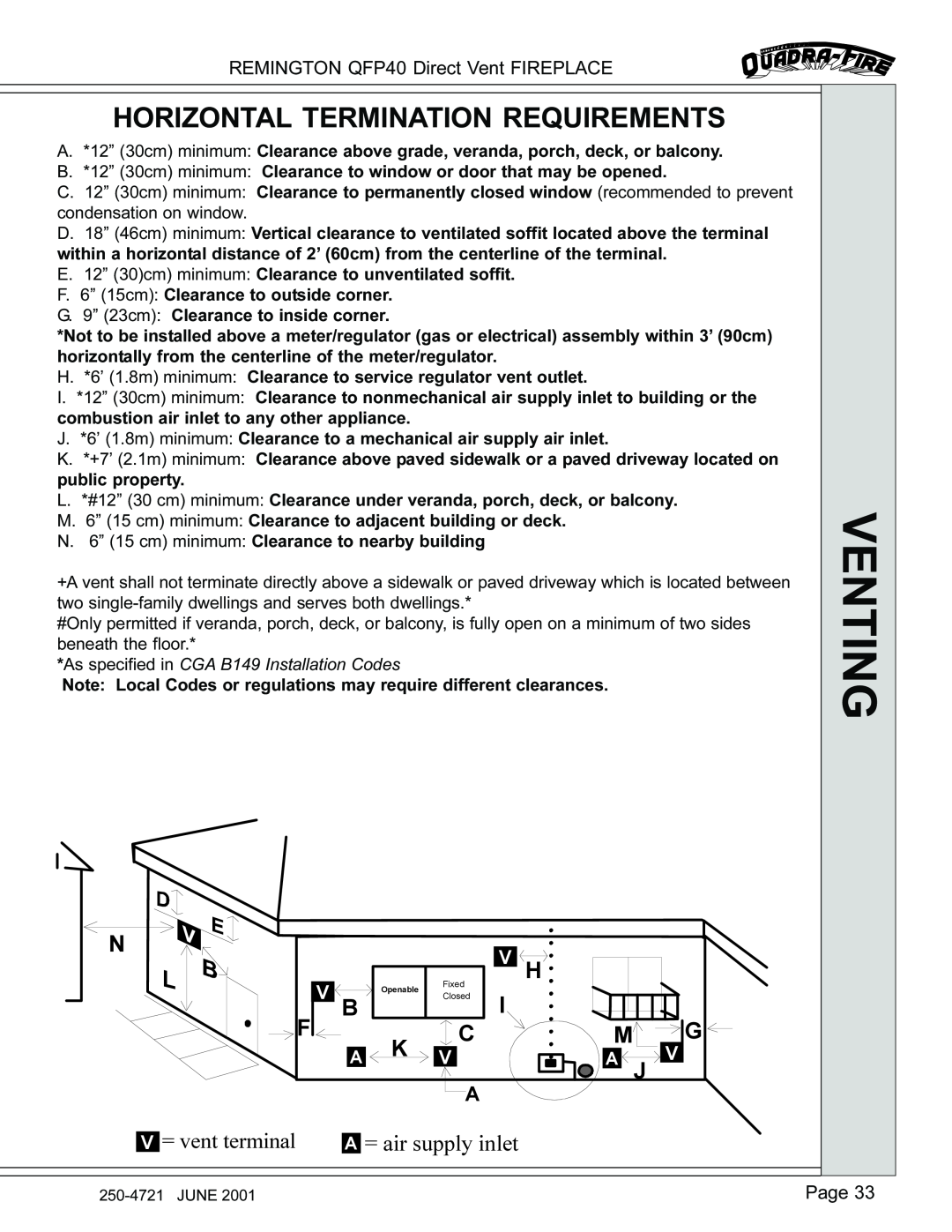 Remington QFP40 manual Horizontal Termination Requirements, Venting, Vh, = vent terminal, = air supply inlet 