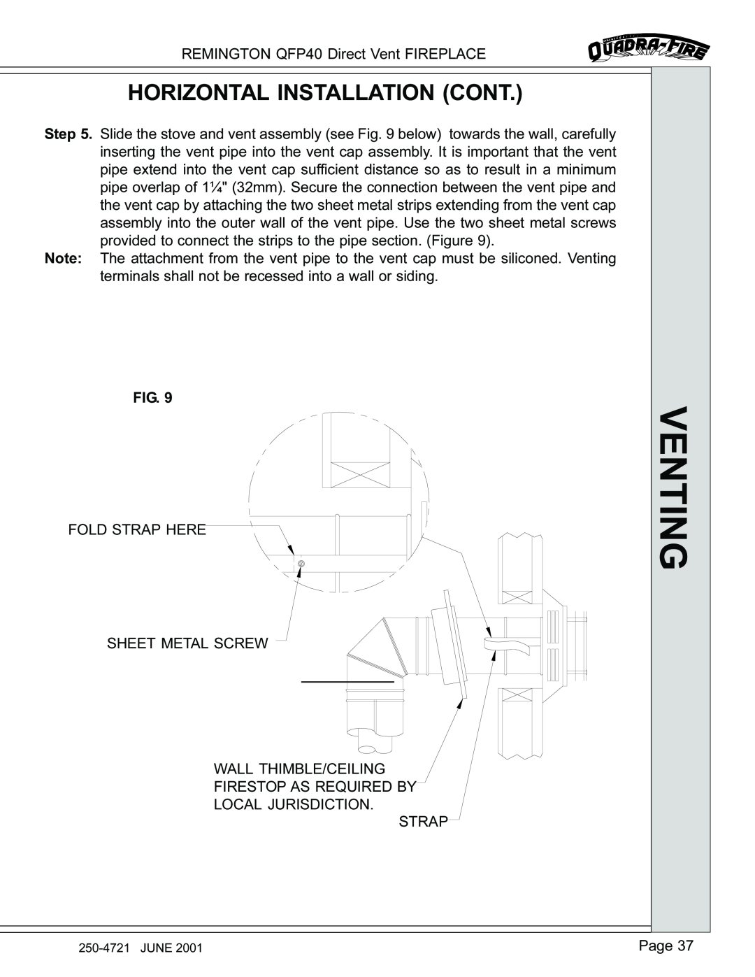 Remington manual Venting, Horizontal Installation Cont, REMINGTON QFP40 Direct Vent FIREPLACE 