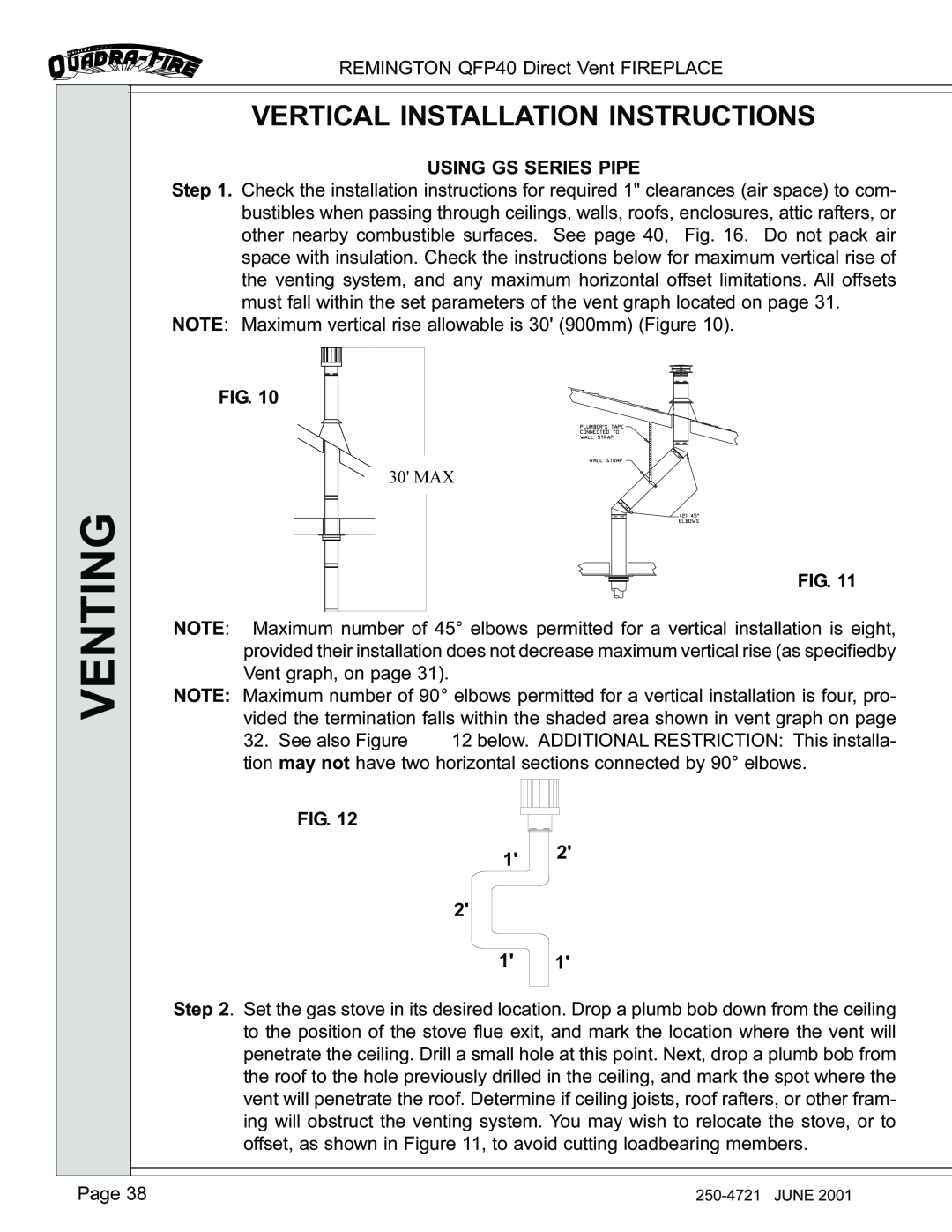 Remington QFP40 manual Vertical Installation Instructions, Venting 