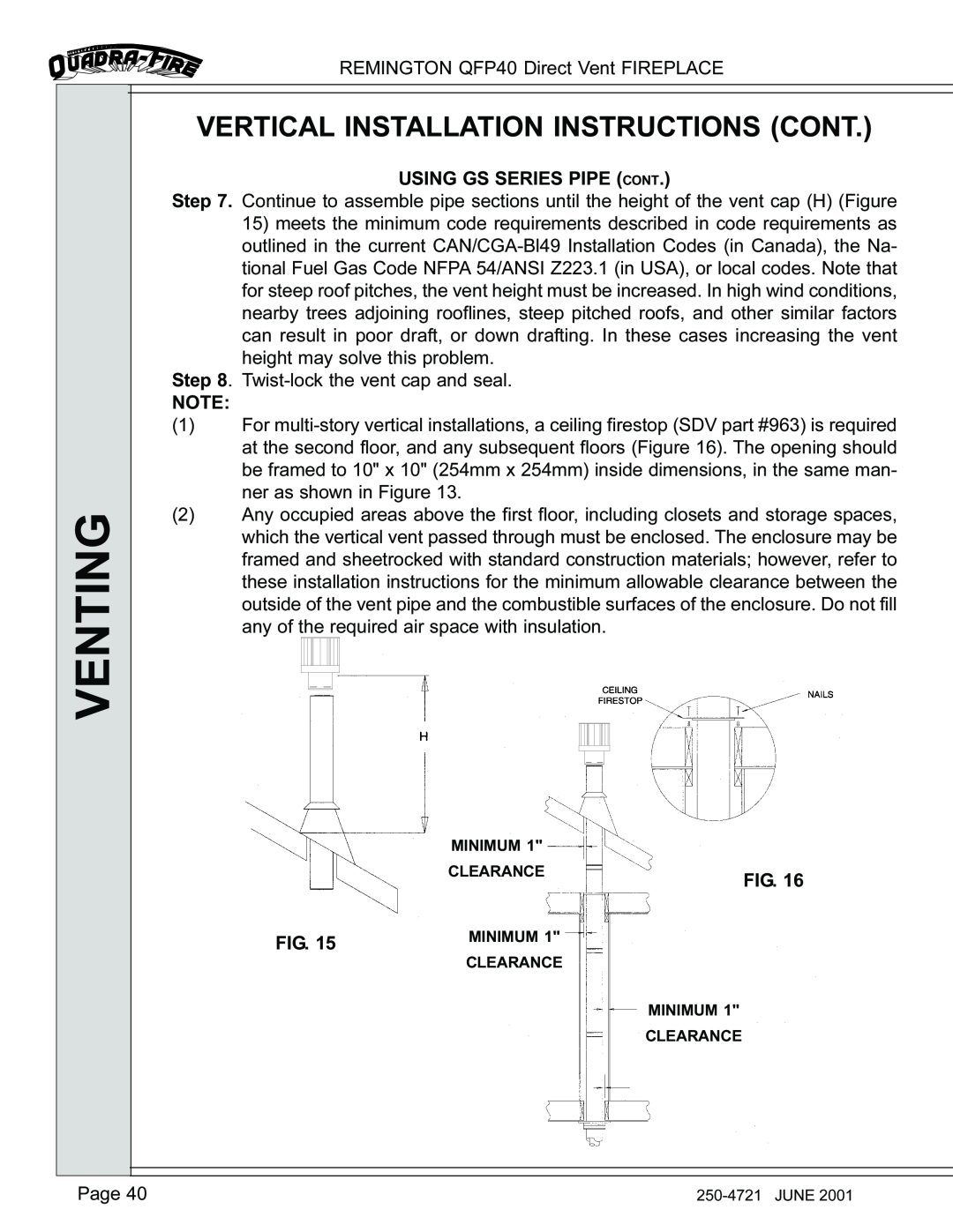 Remington QFP40 manual Vertical Installation Instructions Cont, Venting 