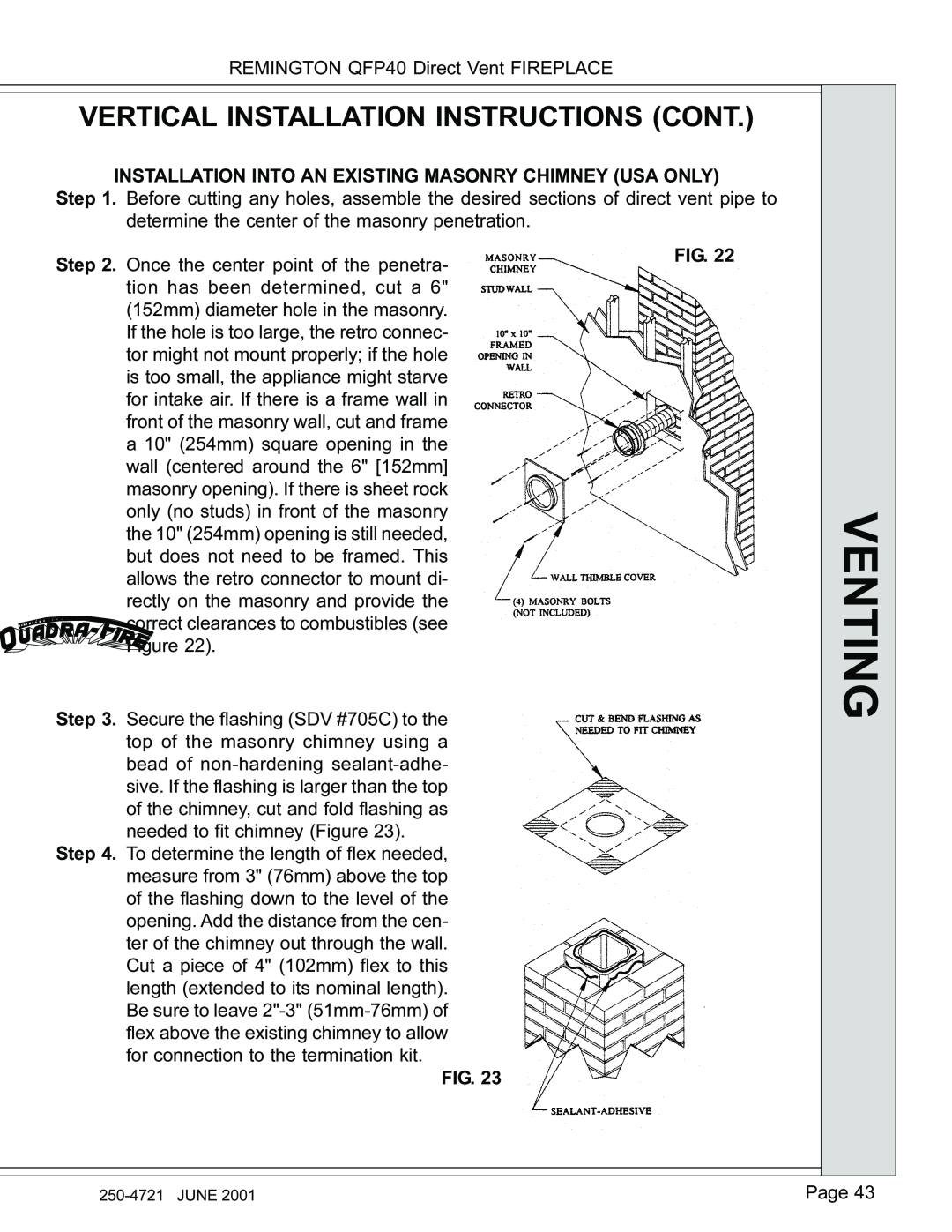 Remington manual Venting, Vertical Installation Instructions Cont, REMINGTON QFP40 Direct Vent FIREPLACE 