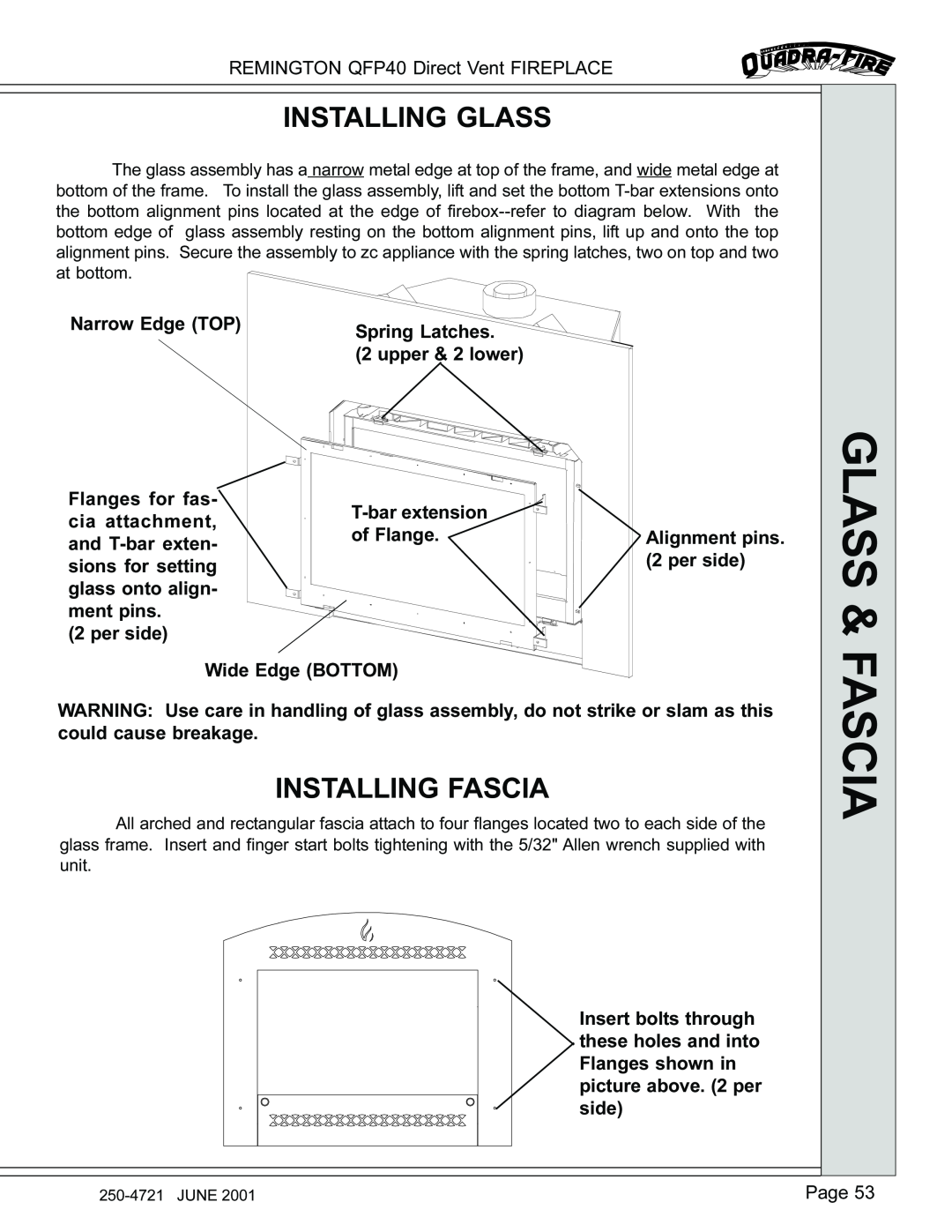 Remington QFP40 manual Installing Glass, Installing Fascia 