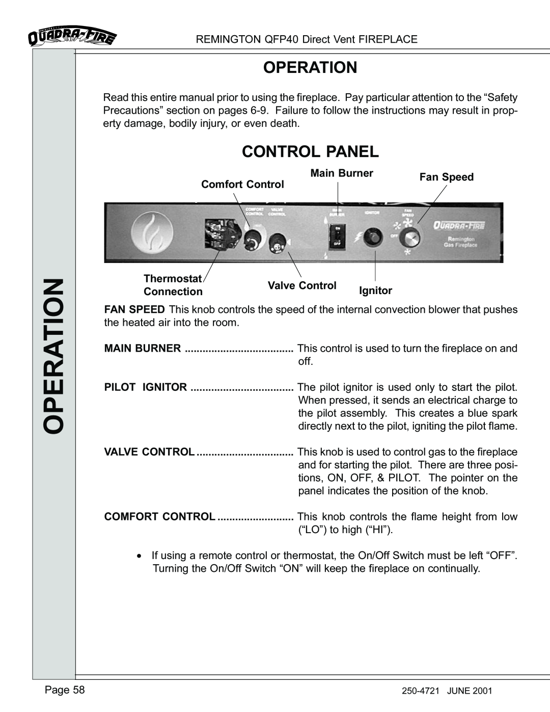 Remington QFP40 manual Operation, Control Panel 