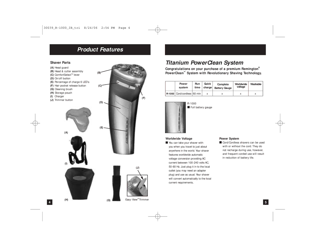 Remington R-1000 manual Product Features, Shaver Parts, Power Run, Time, 60 min 