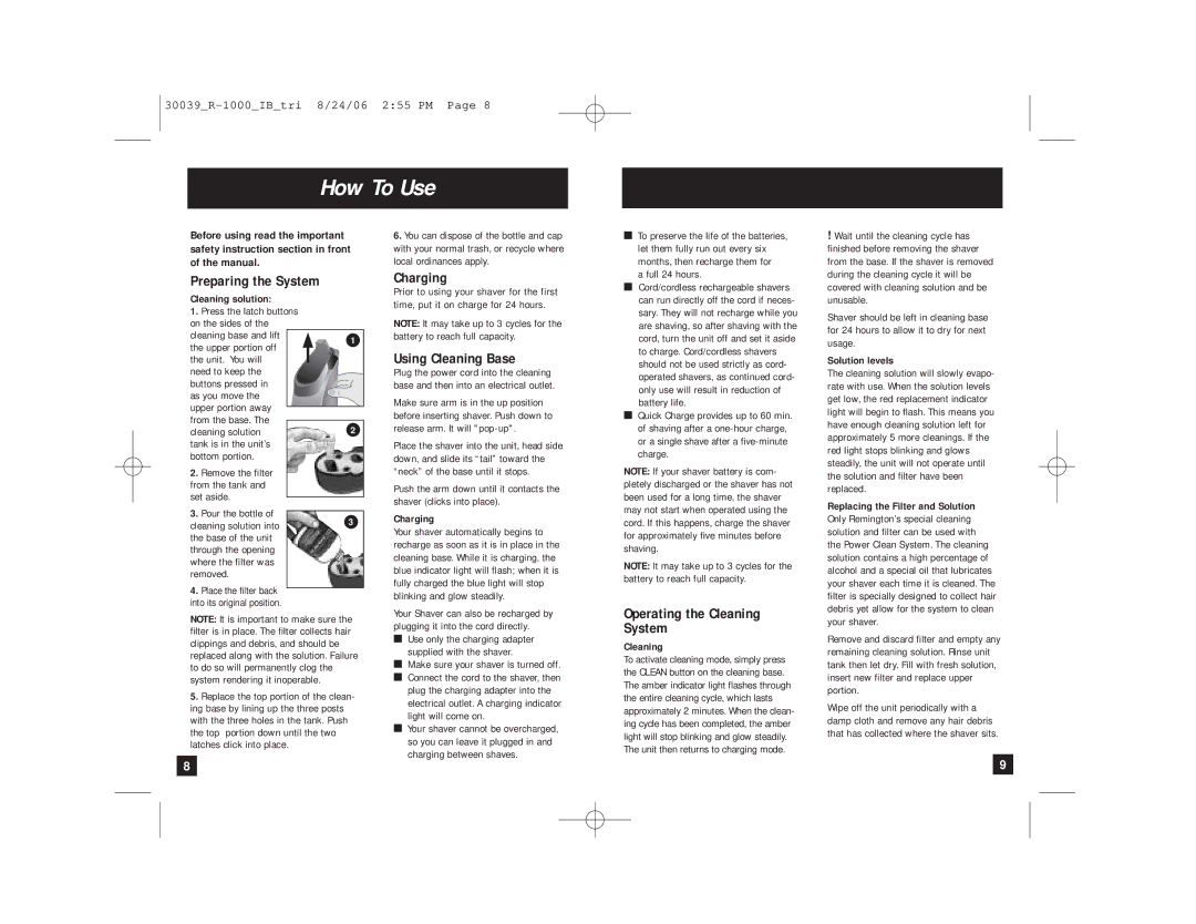 Remington R-1000 manual How To Use, Preparing the System, Charging, Using Cleaning Base, Operating the Cleaning System 