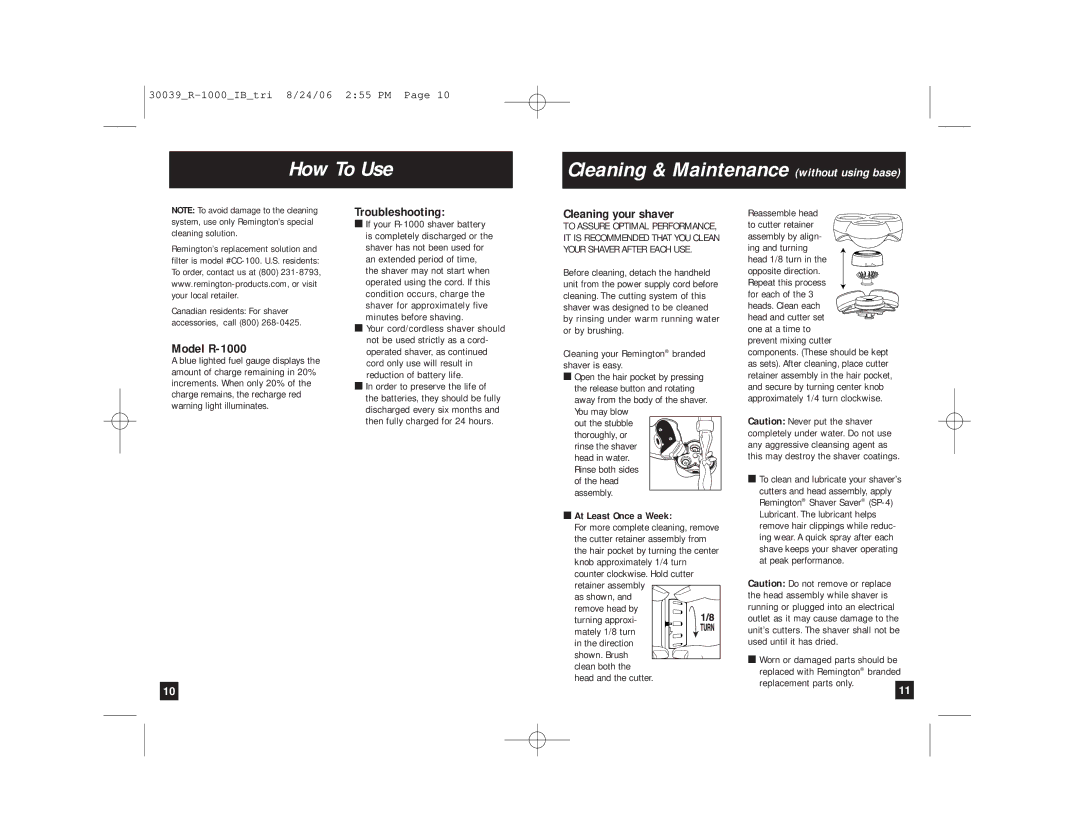 Remington How To Use Cleaning & Maintenance without using base, Model R-1000, Troubleshooting, Cleaning your shaver 