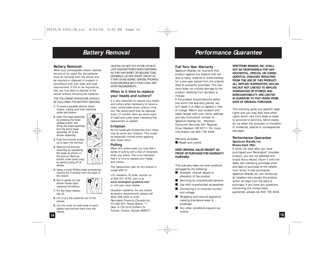 Remington R-1000 manual Battery Removal Performance Guarantee, Full Two-Year Warranty, Irritation, Pulling 