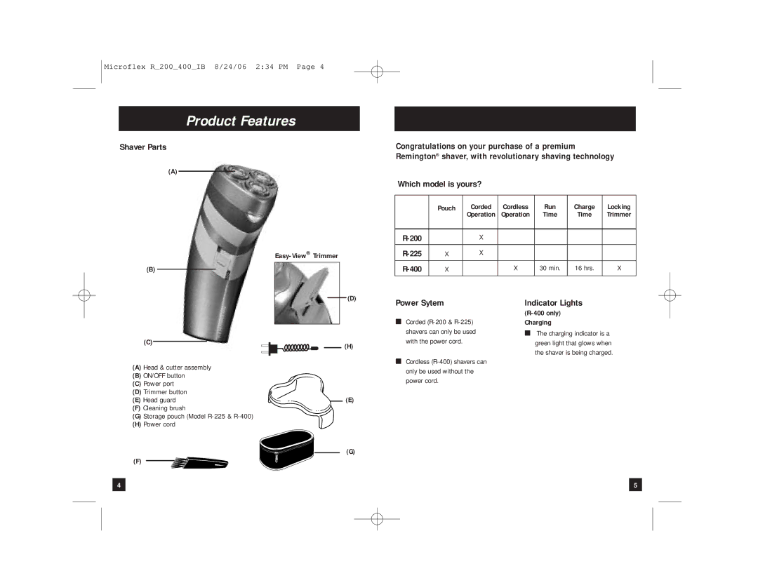 Remington R-200, R-225, R-400 manual Product Features, Shaver Parts, Which model is yours?, Power Sytem, Indicator Lights 