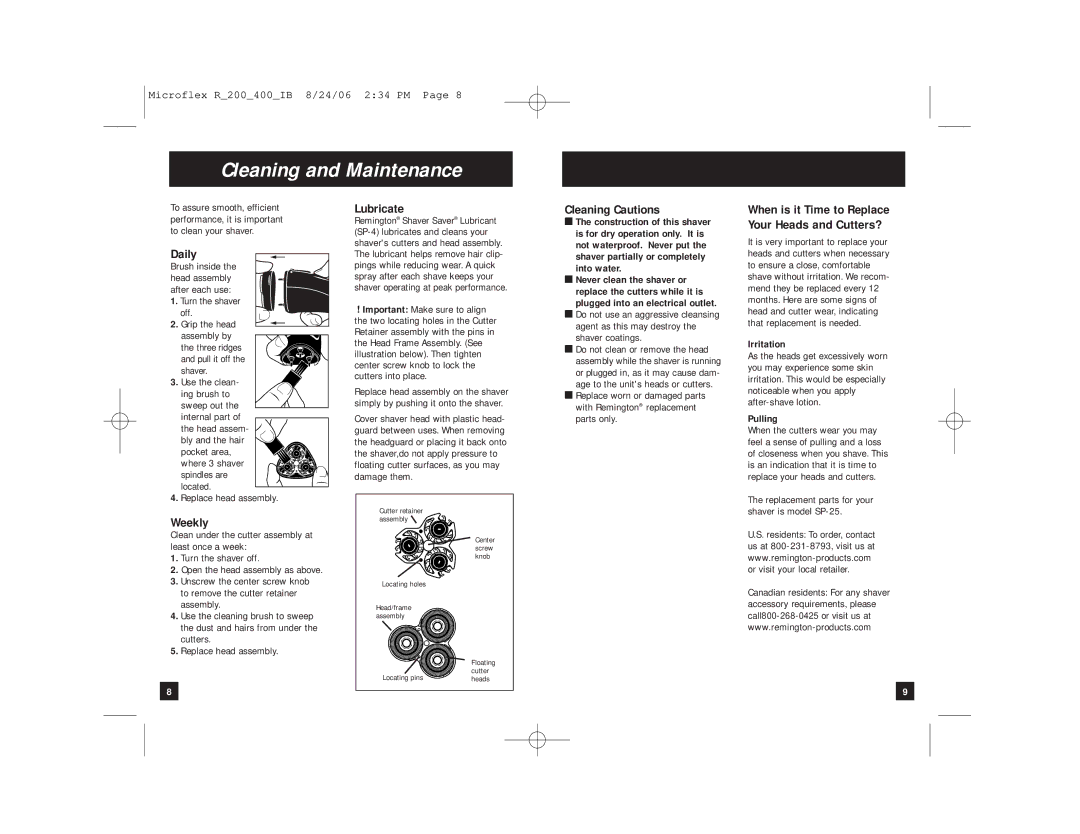 Remington R-400, R-200, R-225 manual Cleaning and Maintenance, Daily, Weekly, Lubricate, Cleaning Cautions 