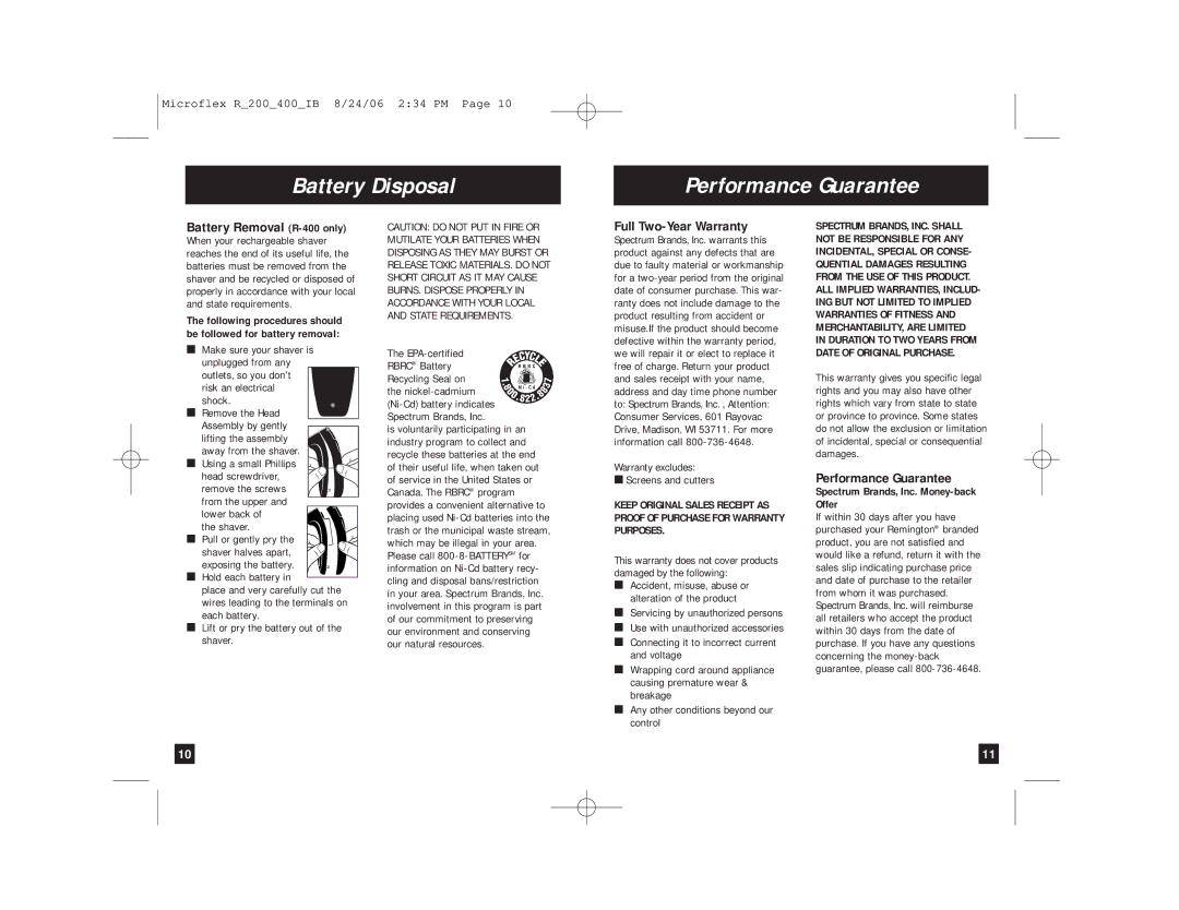 Remington R-200, R-225 manual Battery Disposal Performance Guarantee, Battery Removal R-400 only, Full Two-Year Warranty 