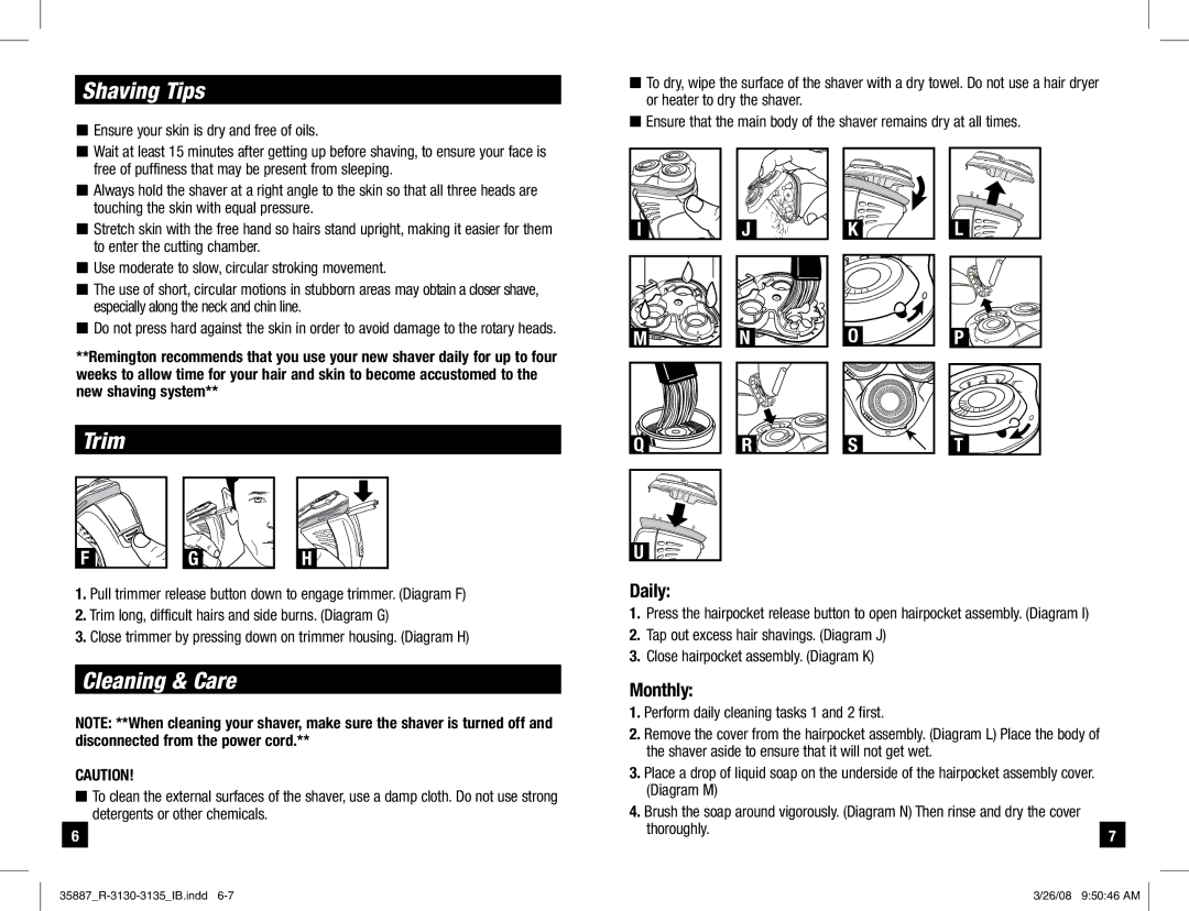 Remington R-3130 manual Shaving Tips, Trim, Cleaning & Care, Daily, Monthly 