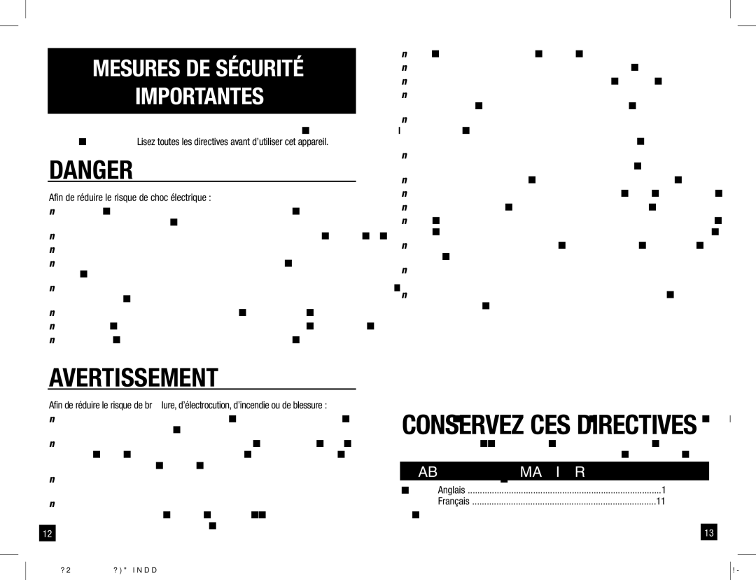 Remington R-3130 manual Mesures DE Sécurité Importantes, Afin de réduire le risque de choc électrique 