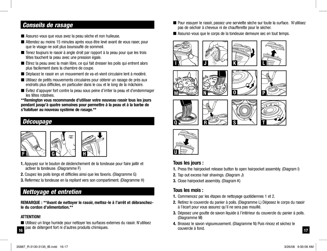 Remington R-3130 manual Conseils de rasage, Découpage, Nettoyage et entretien, Tous les jours, Tous les mois 