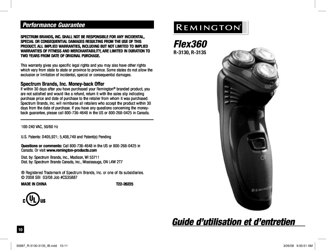 Remington R-3130 manual Guide d’utilisation et d’entretien, Performance Guarantee, Spectrum Brands, Inc. Money-back Offer 