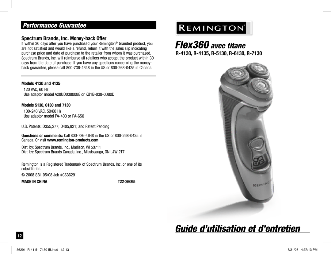 Remington R-7130, R-4135 Performance Guarantee, Spectrum Brands, Inc. Money-back Offer, Models 4130, Models 5130, 6130 