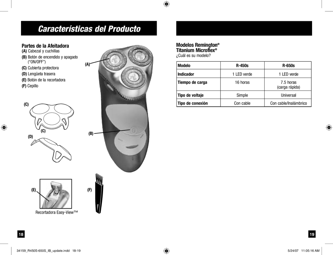 Remington R-650s, R-450s manual Características del Producto, Partes de la Afeitadora, Modelos Remington Titanium Microflex 