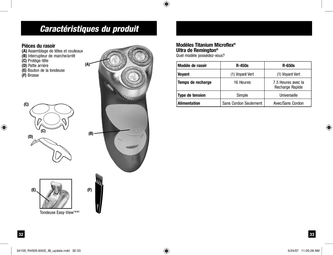 Remington R-450s, R-650s manual Caractéristiques du produit, Pièces du rasoir, Modèles Titanium Microflex 