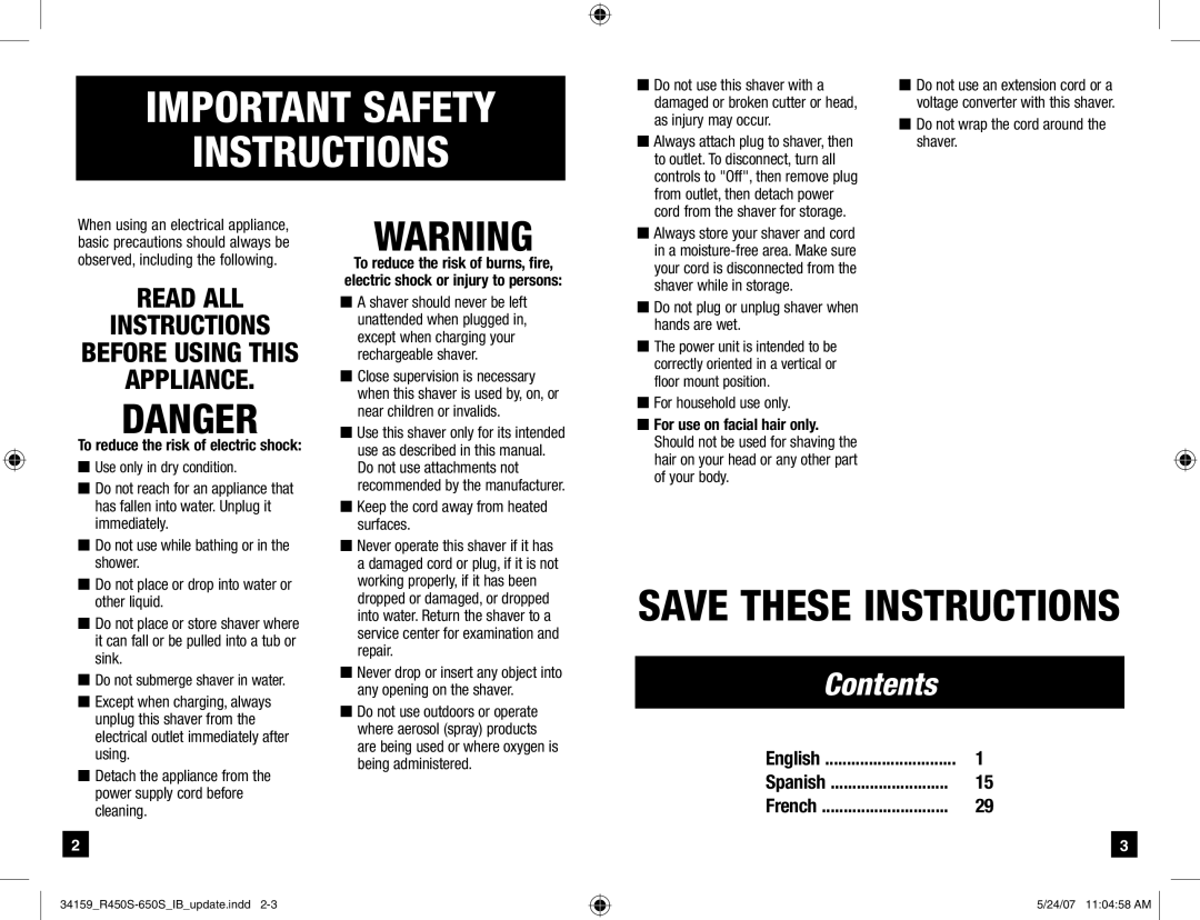 Remington Titanium Microflex, R-450s, R-650s manual Important Safety Instructions 