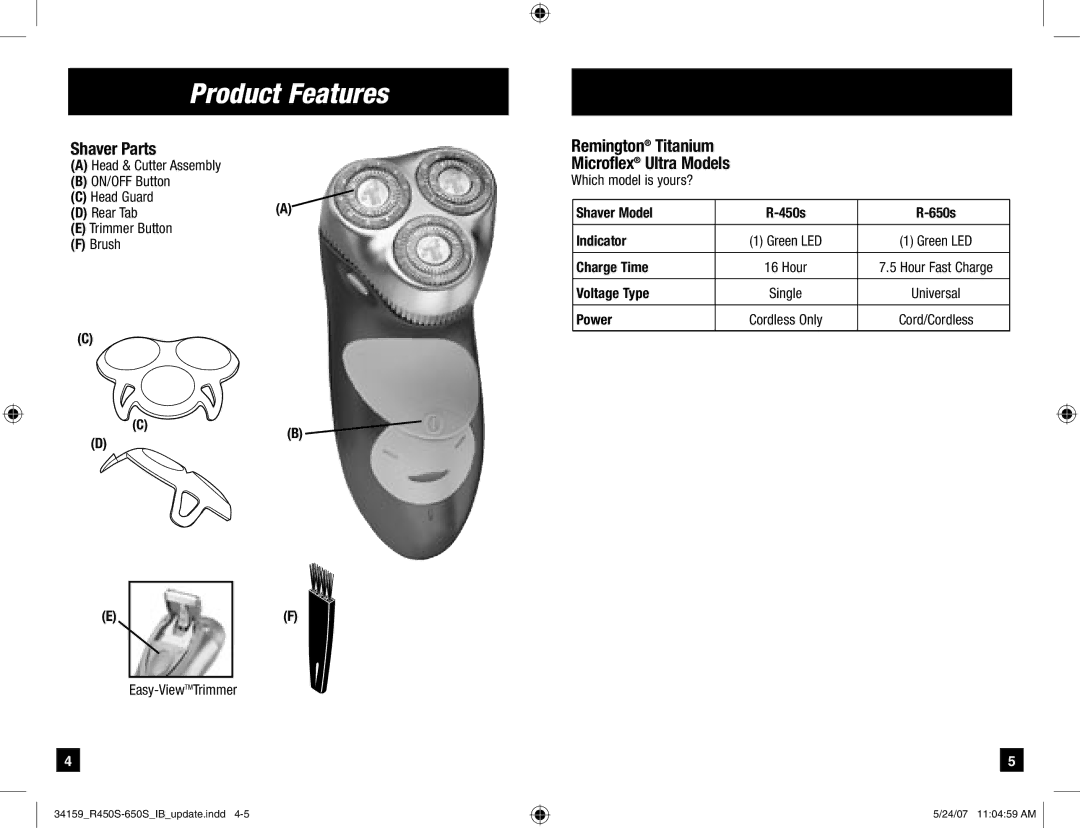 Remington R-450s, R-650s manual Product Features, Shaver Parts, Titanium Microflex Ultra Models, Indicator, Power 