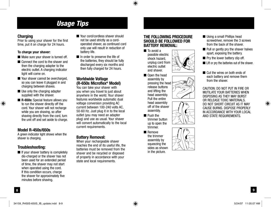 Remington Titanium Microflex, R-650s manual Usage Tips, Charging, Model R-450s/650s, Troubleshooting, Battery Removal 