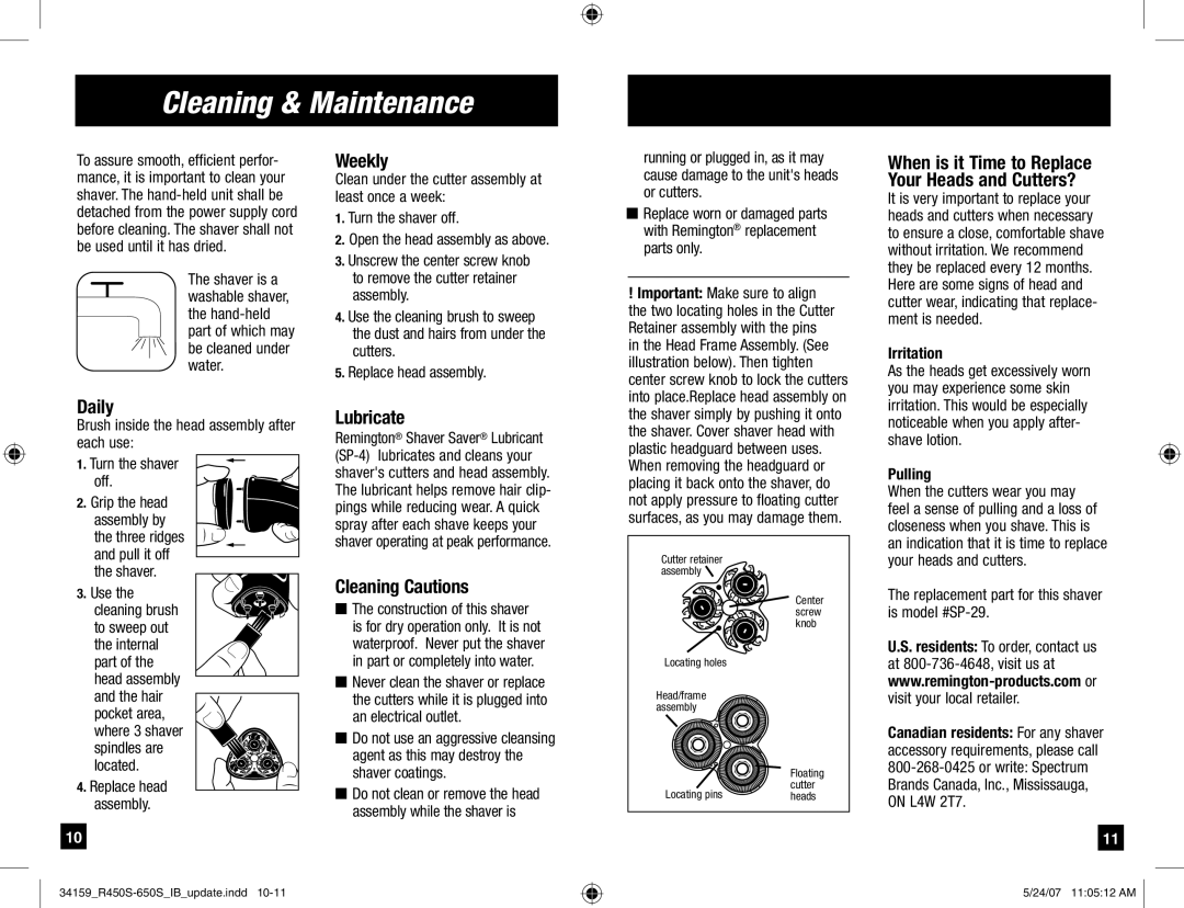 Remington R-450s, R-650s, Titanium Microflex manual Cleaning & Maintenance, Daily, Weekly, Lubricate, Cleaning Cautions 