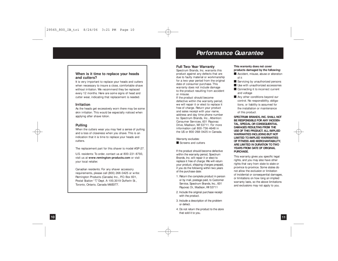 Remington R-800, R-825 manual Performance Guarantee, When is it time to replace your heads and cutters?, Irritation, Pulling 