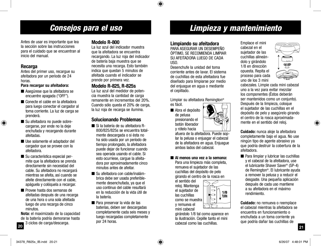 Remington titaniumpro, R-825s, R-800 manual Consejos para el uso Limpieza y mantenimiento 