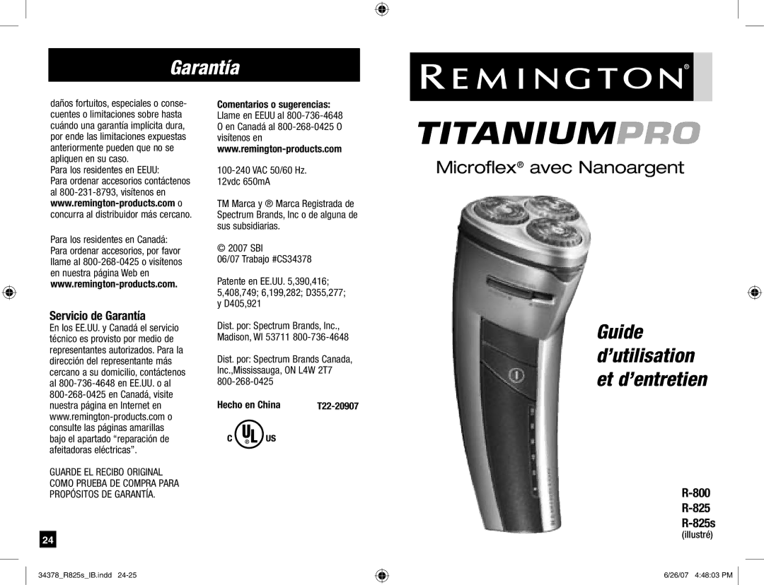 Remington R-800, R-825s, titaniumpro manual Servicio de Garantía, Hecho en China, Illustré 