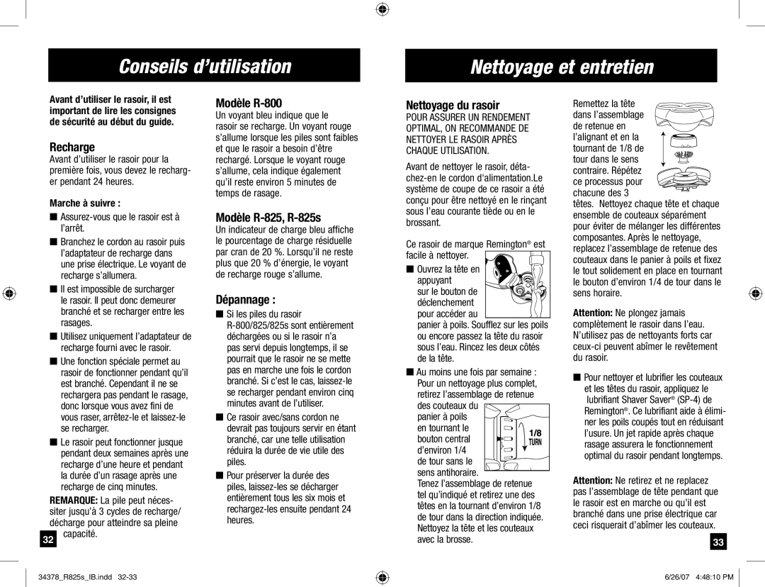 Remington R-800, R-825s, titaniumpro manual Conseils d’utilisation Nettoyage et entretien 