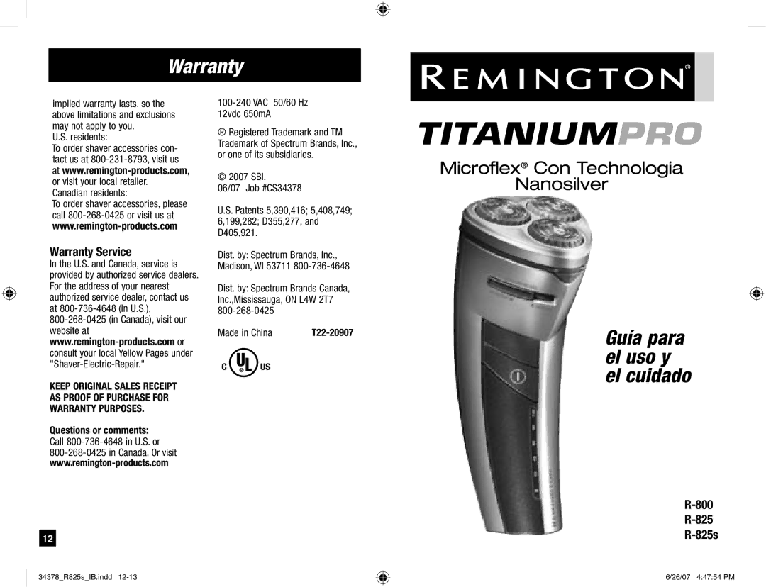 Remington titaniumpro, R-825s, R-800 manual Warranty Service, Questions or comments, Made in China 