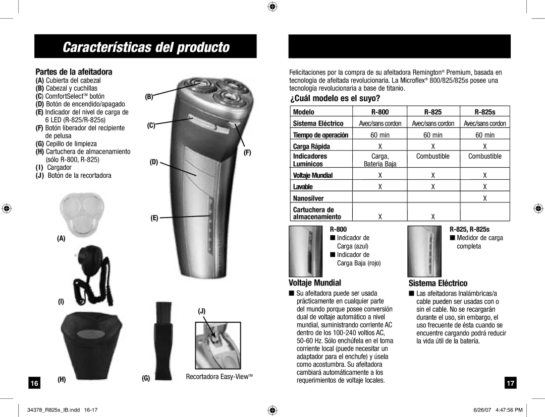 Remington R-800, R-825s Características del producto, Partes de la afeitadora, ¿Cuál modelo es el suyo?, Voltaje Mundial 