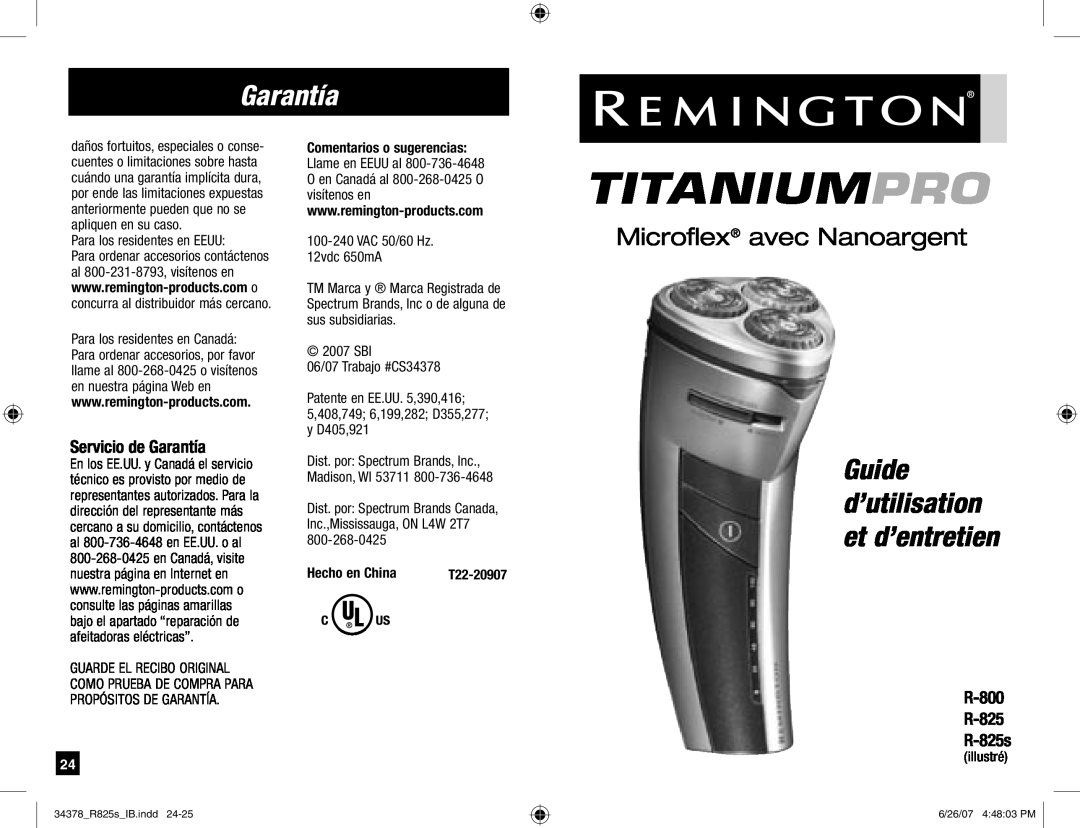 Remington R-800 manual Microflex avec Nanoargent, Servicio de Garantía, Titaniumpro, Guide d’utilisation et d’entretien 