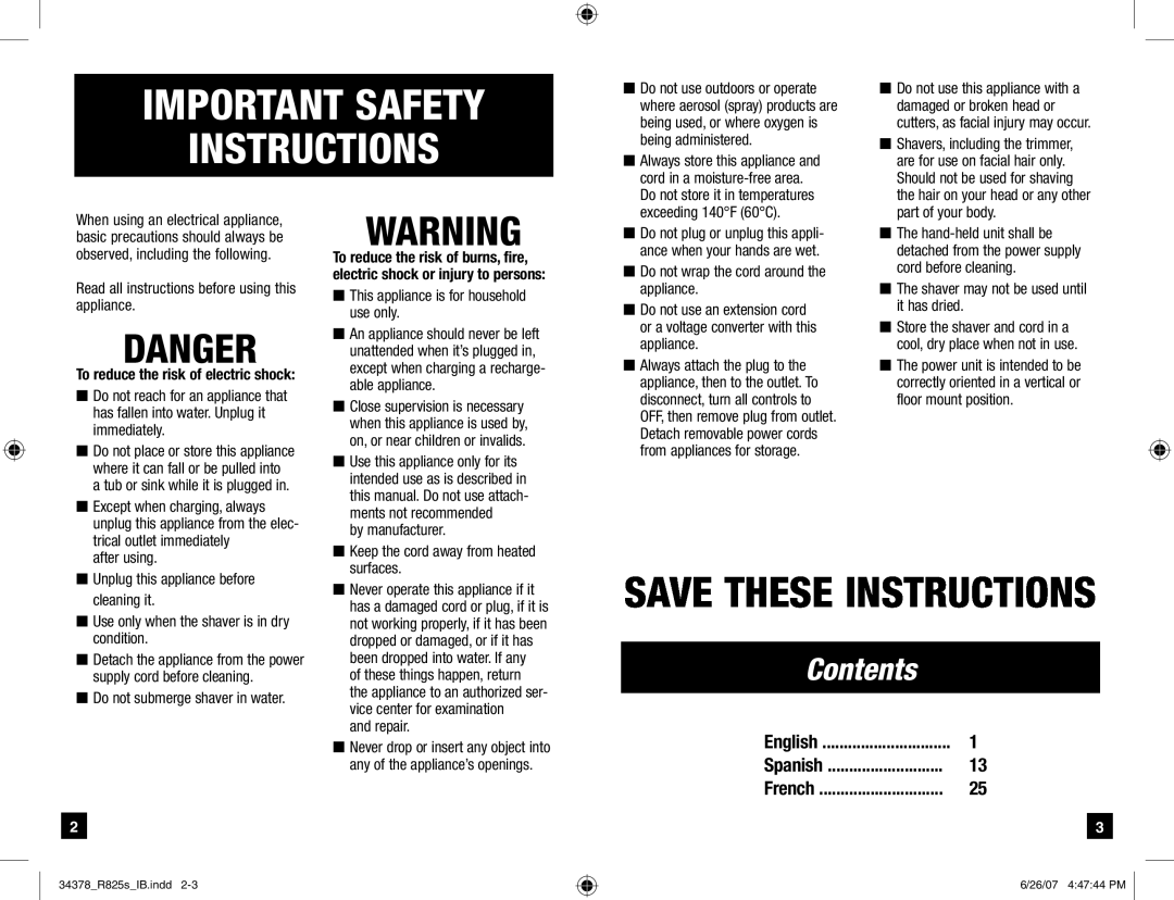 Remington R-825s Danger, English, Spanish, French, Important Safety Instructions, Save These Instructions, Contents 