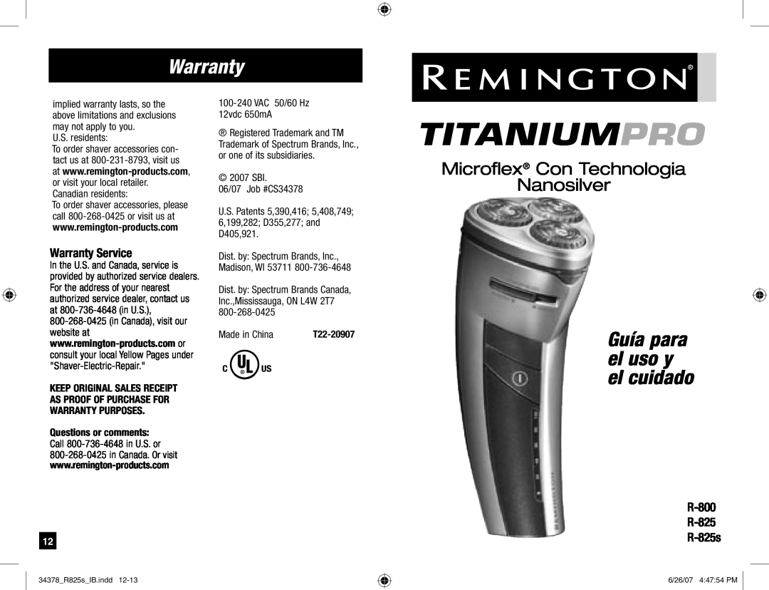 Remington titaniumpro manual Microflex Con Technologia Nanosilver, Warranty Service, Titaniumpro, R-800 R-825 R-825s 