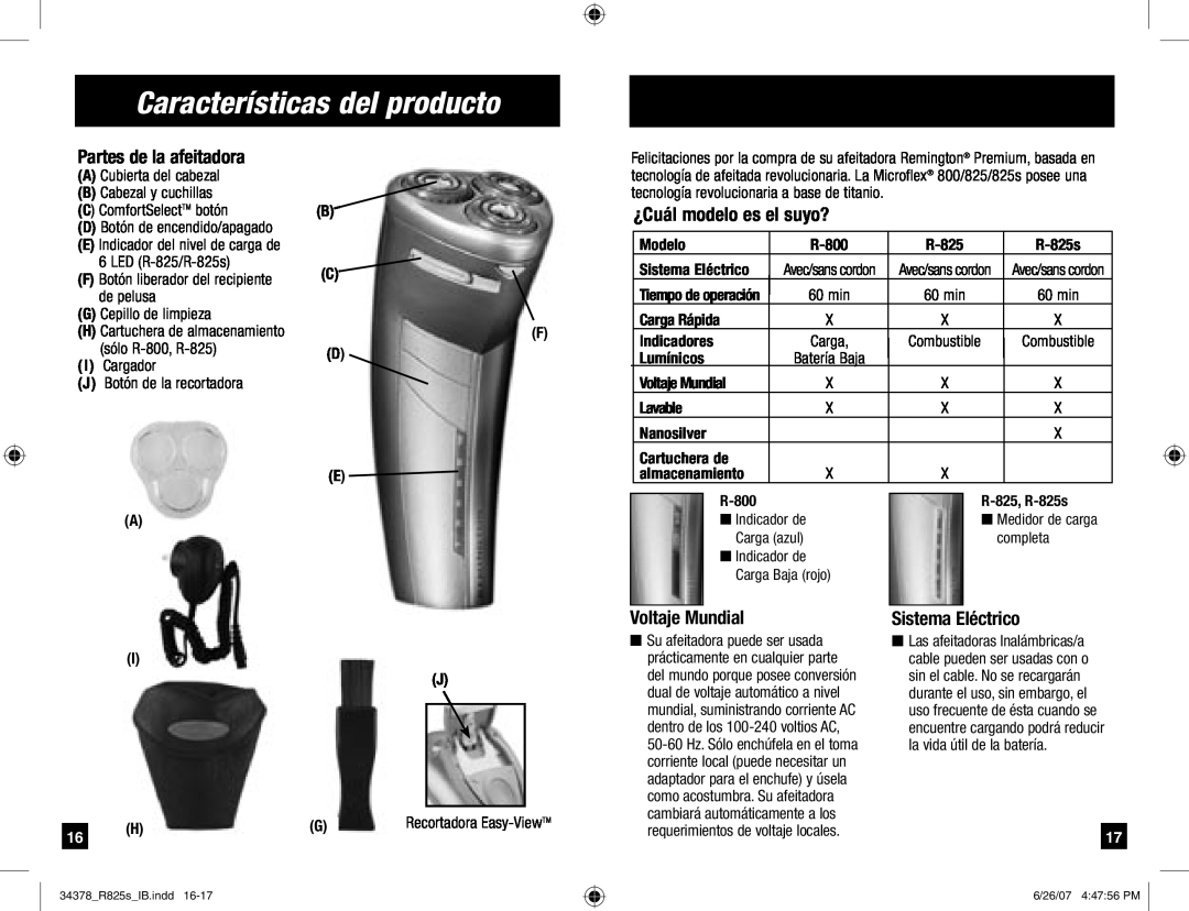 Remington R-800, R-825s Características del producto, Partes de la afeitadora, ¿Cuál modelo es el suyo?, Voltaje Mundial 