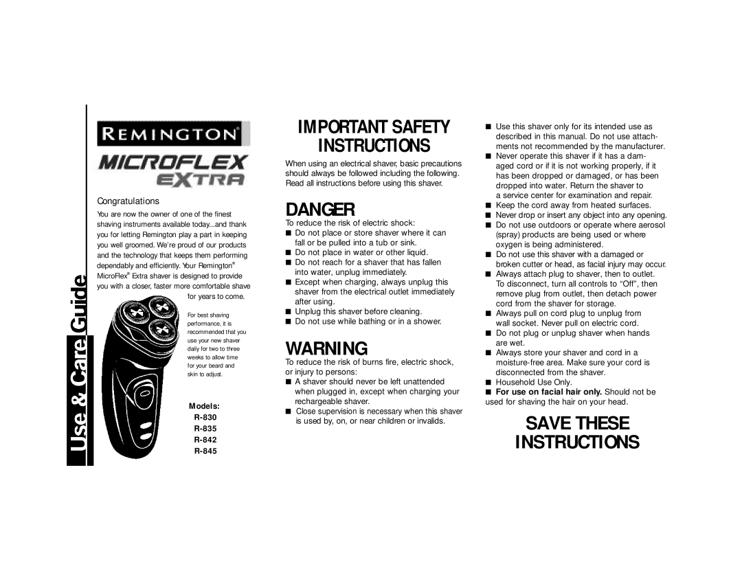 Remington R-835, R-830, R-842, R-845 important safety instructions Congratulations, Models 