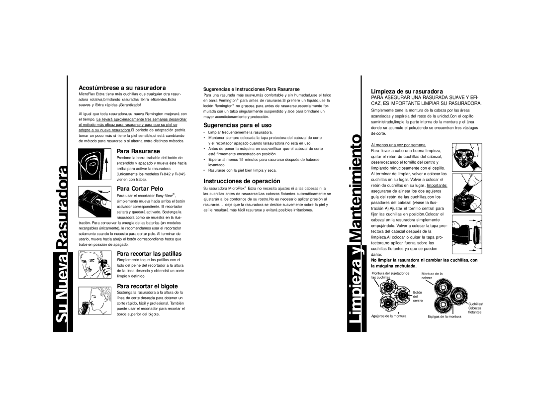 Remington R-842, R-830, R-835 Acostúmbrese a su rasuradora, Para Rasurarse, Para Cortar Pelo, Para recortar las patillas 