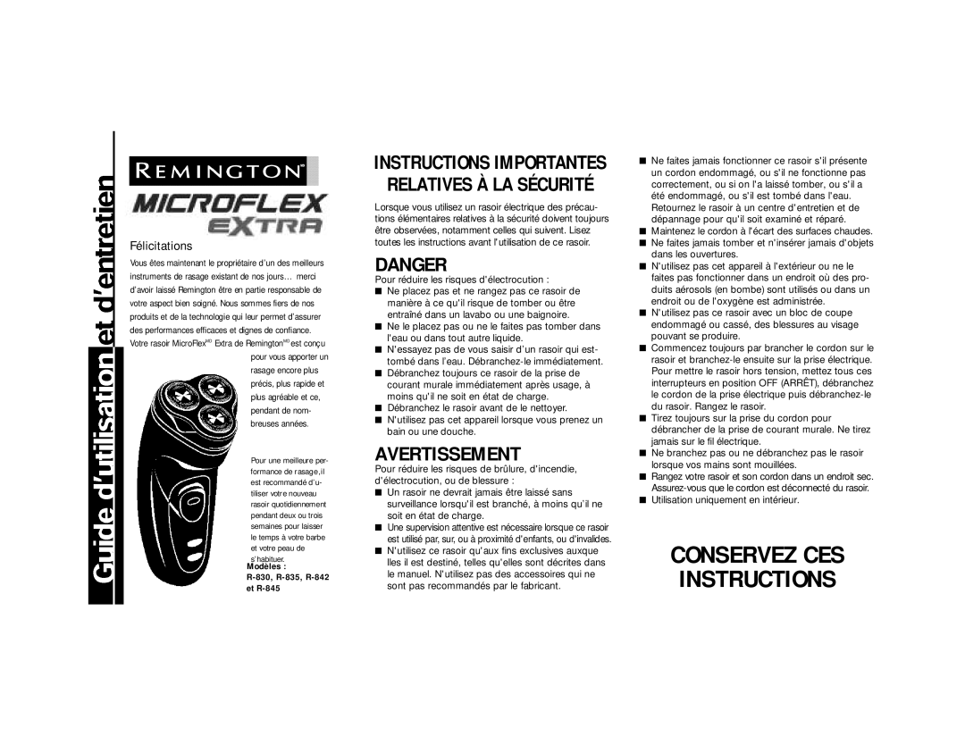 Remington R-830 Félicitations, Modèles 830, R-835, R-842 Et R-845, Utilisation uniquement en intérieur 