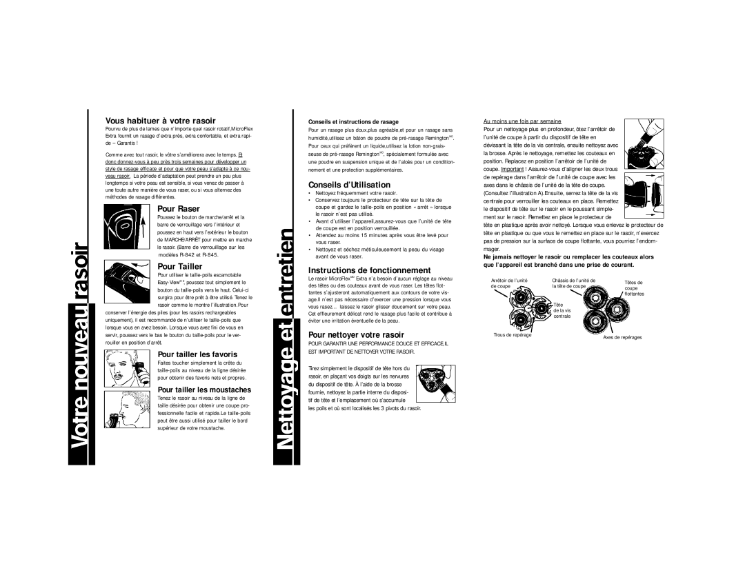 Remington R-842, R-830, R-835, R-845 important safety instructions Pour tailler les favoris, Pour tailler les moustaches 