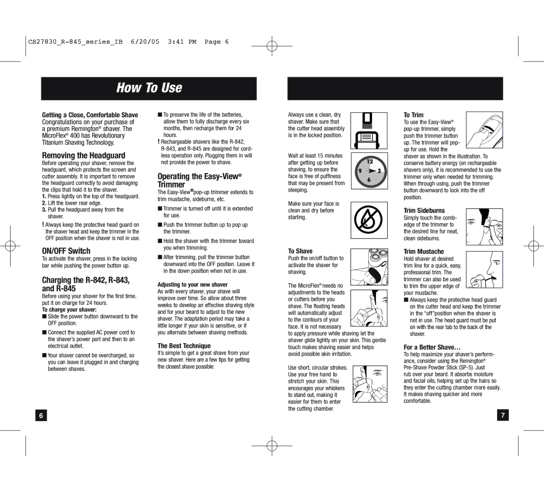 Remington 400 manual How To Use, Removing the Headguard, ON/OFF Switch, Charging the R-842, R-843, and R-845 